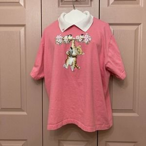 Morning Sun Collared Vintage 90's T-Shirt Pink Cat Birds Floral Size 3X